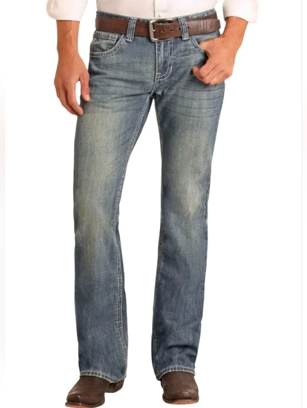 Rock & Roll Denim Men Pistol Bootcut Vtg Wash Ivory Top Stitching Jeans 33x32